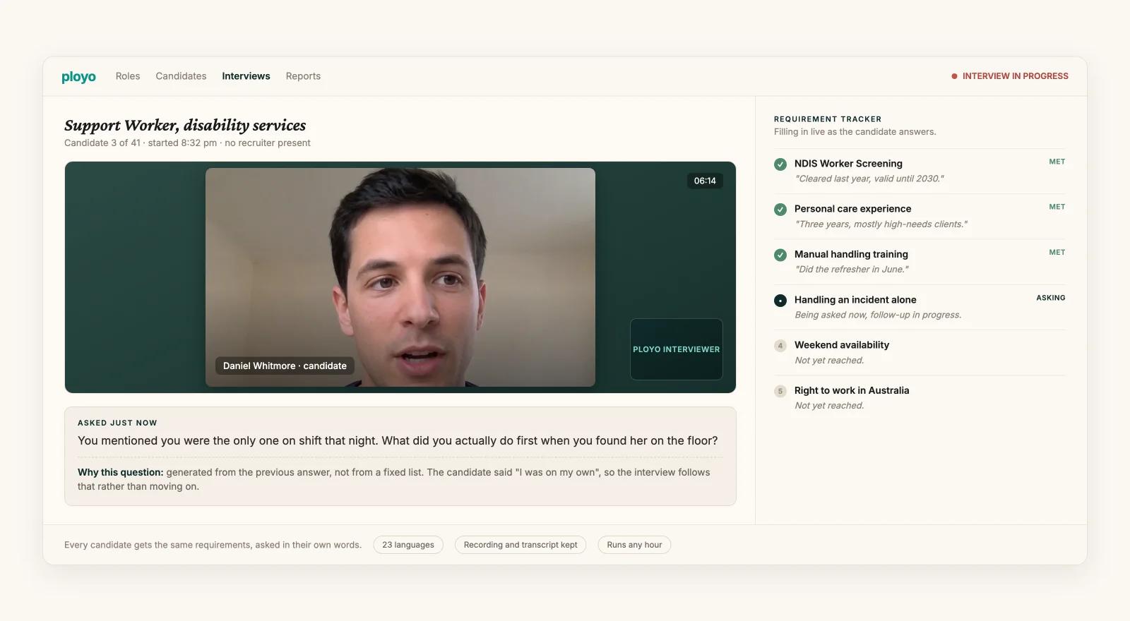 Live AI video interview with a follow-up question and a live requirement tracker